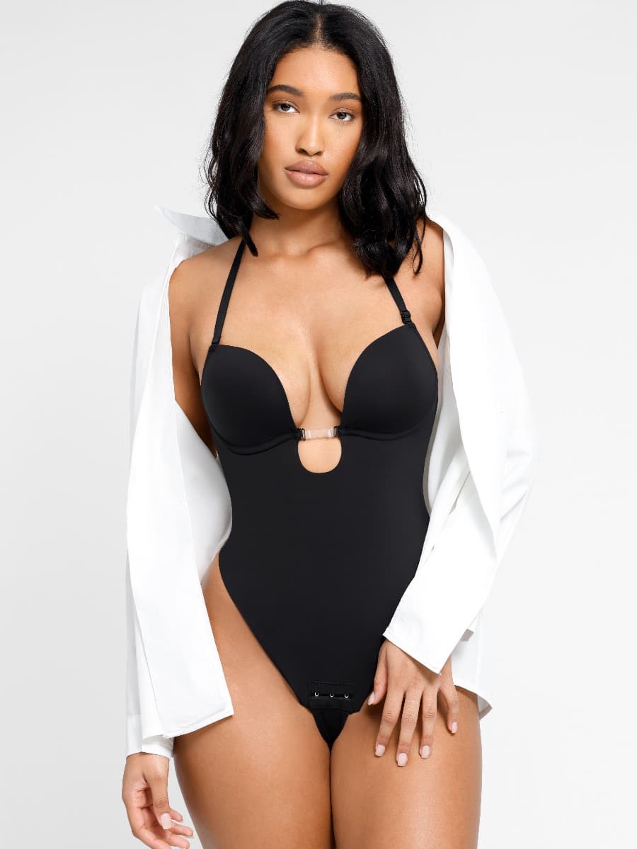 Olivara® One-Piece Bridal Bodysuit with Plunge Front and Open Back